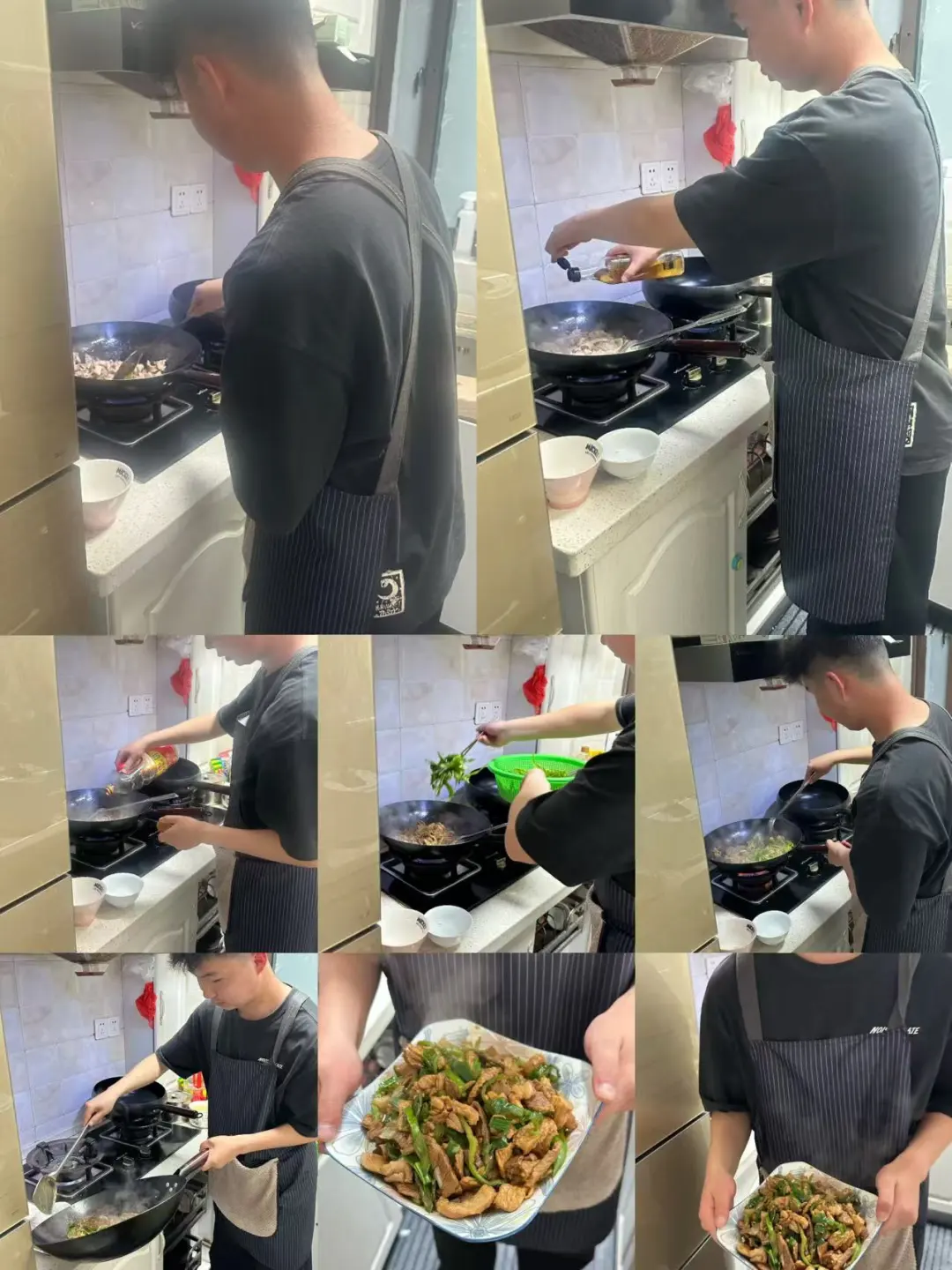 A student cooking and presenting a finished dish at home